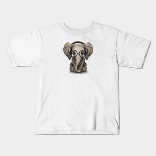 Cute Baby Elephant Dj Wearing Headphones and Glasses Kids T-Shirt